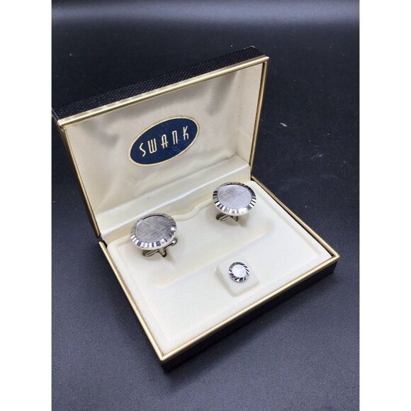 Swank Cufflinks and Tie Tack Set Silver Tone New Old Stock with Original Box - Picture 1 of 6